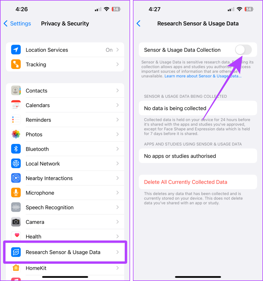 Research Sensor & Usage Data Settings iPhone
