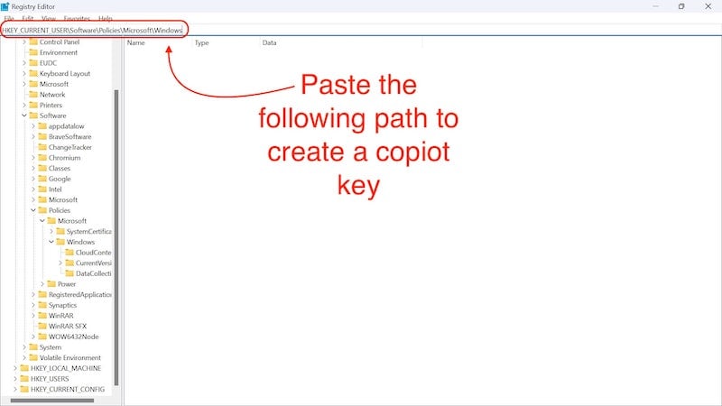 pate this path: HKEY_CURRENT_USER\Software\Policies\Microsoft\Windows
