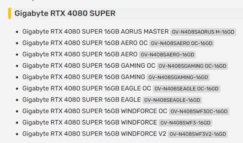 Gigabyte RTX 4080 Super Cards