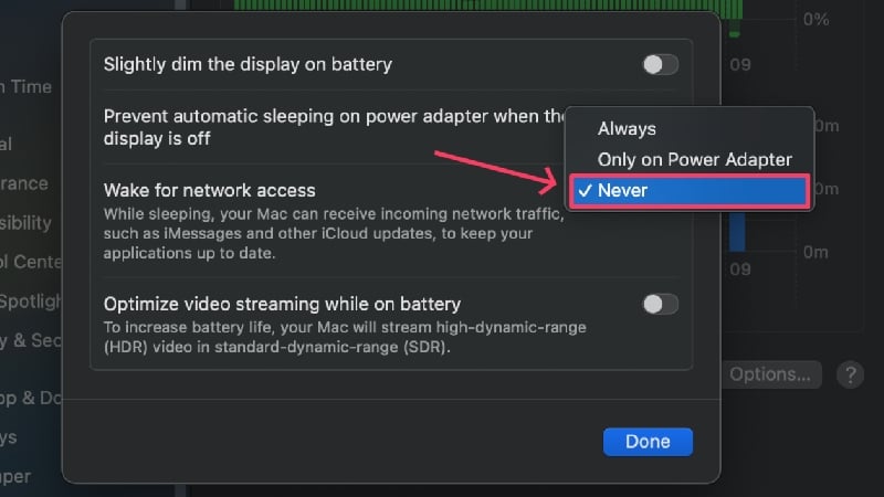 never wake for network access disable wake for network access