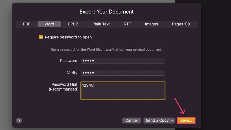 Save Word file to be exported