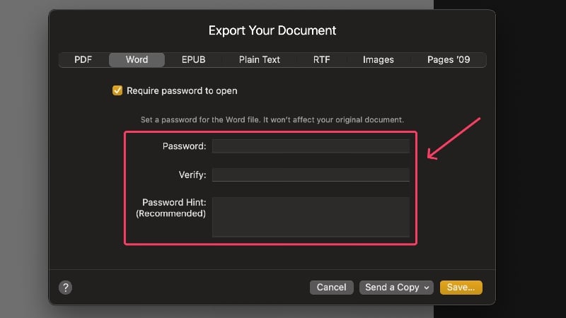 Enter password for word