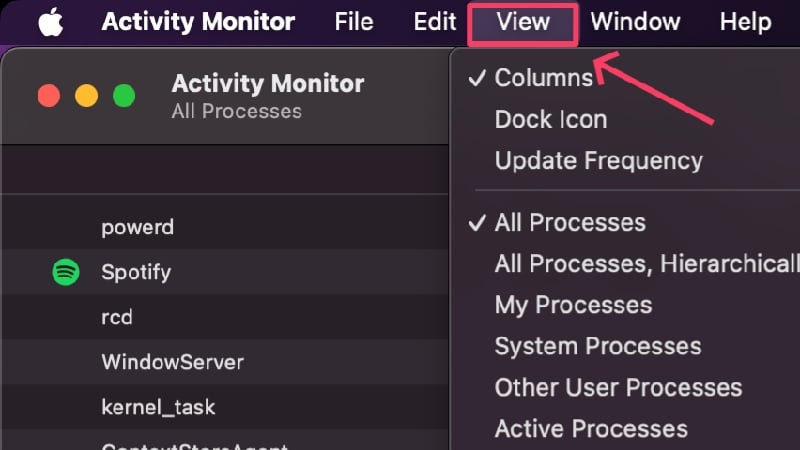 view activity monitor view tab in activity monitor