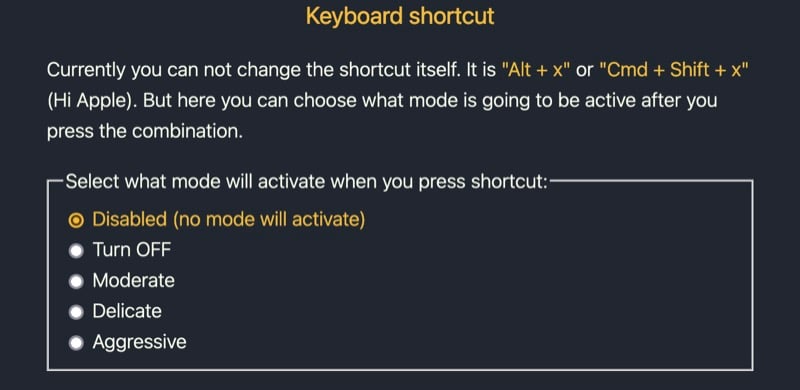 Setting keyboard shortcut to trigger PopUpOff mode.