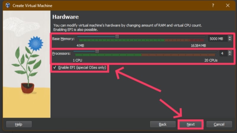 set ram and cpu cores set ram capacity, cpu cores, and enable efi