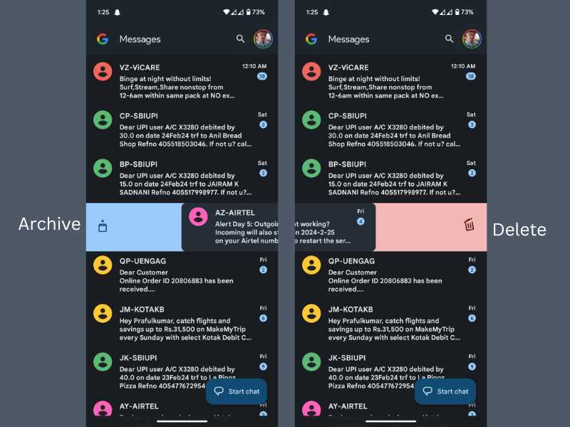 Google Messages Swipe Action