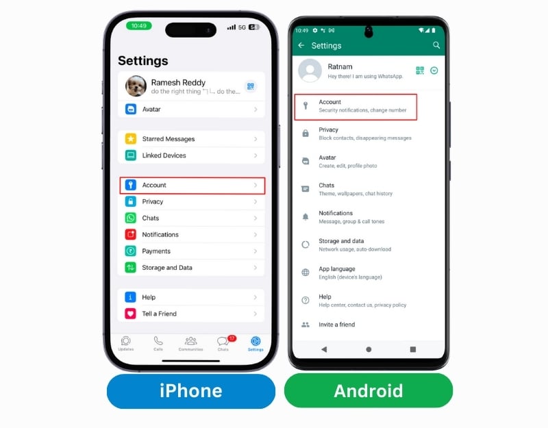 WhatsApp account settings on Android and iPhone