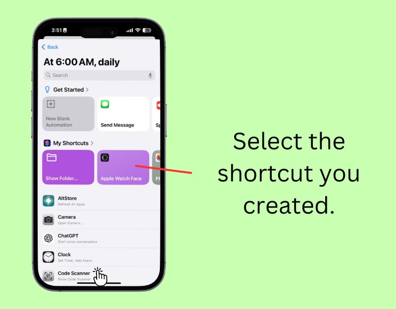 Select the shortcut you created