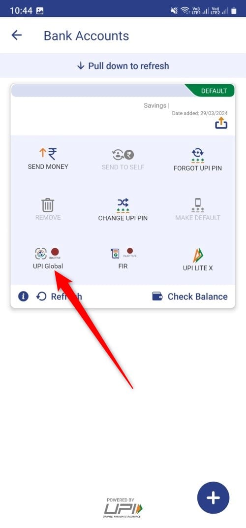 UPI Global option in the BHIM app