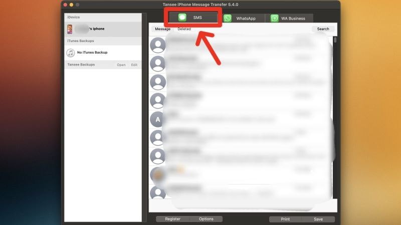 Messages tab in iTansee iDevice Manager