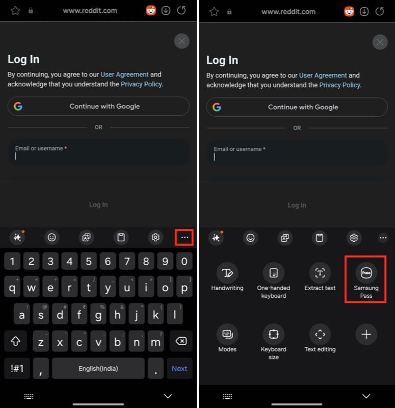 использование Samsung Pass на телефоне Galaxy 12 Использование ярлыка Samsung Pass на клавиатуре Samsung для доступа к сохраненным учетным данным для входа на веб-сайт в Интернете Samsung.