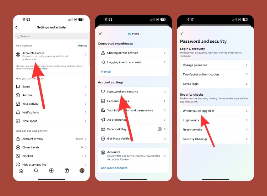 Instagram account center password and secuity app