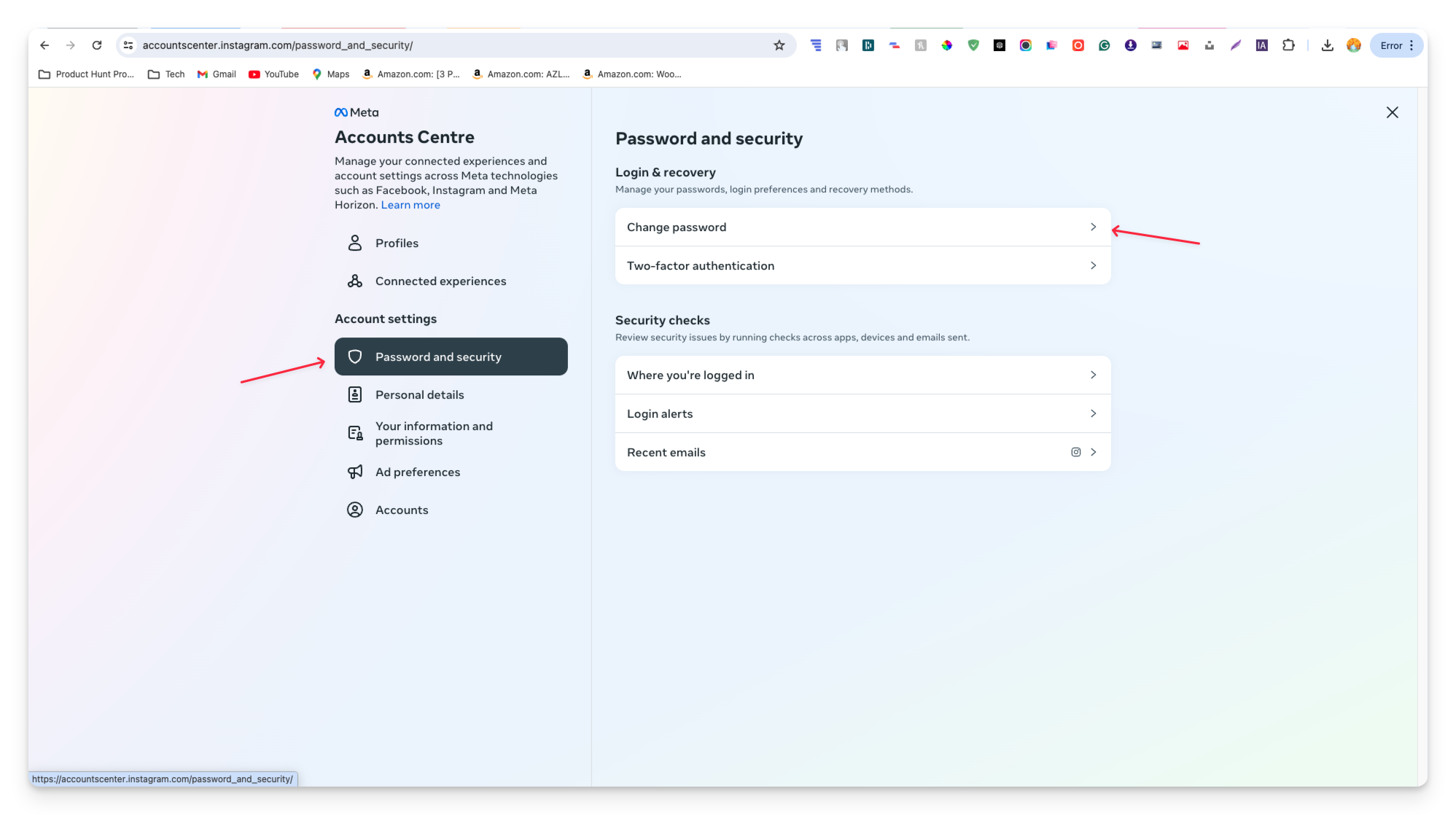 Instagram desktop Password and security settings