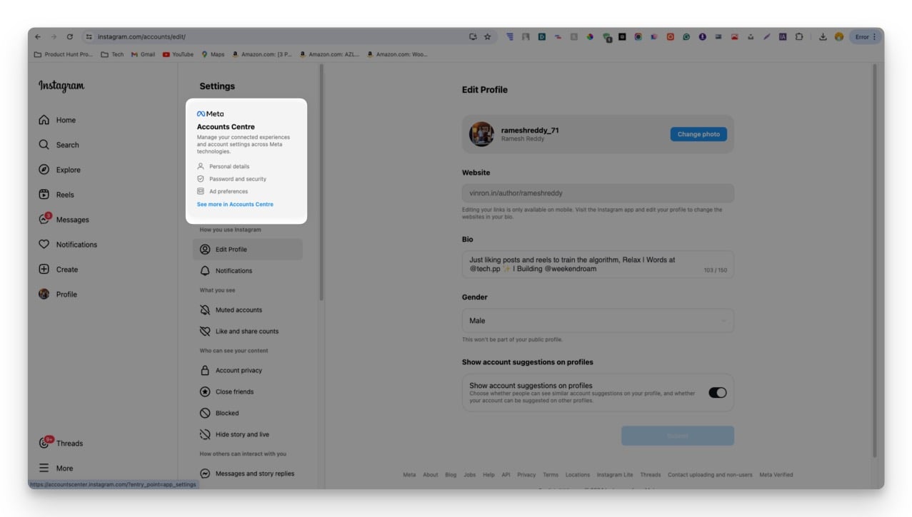 Instagram desktop account center