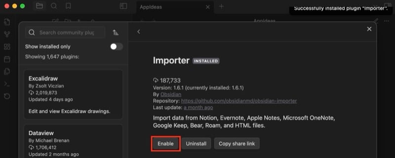 Enabling the Importer plugin in Obsidian.