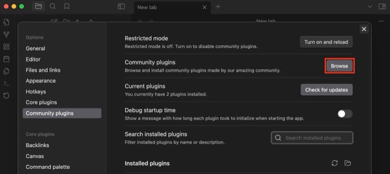 Browse button in Obsidian for browsing community plugins.