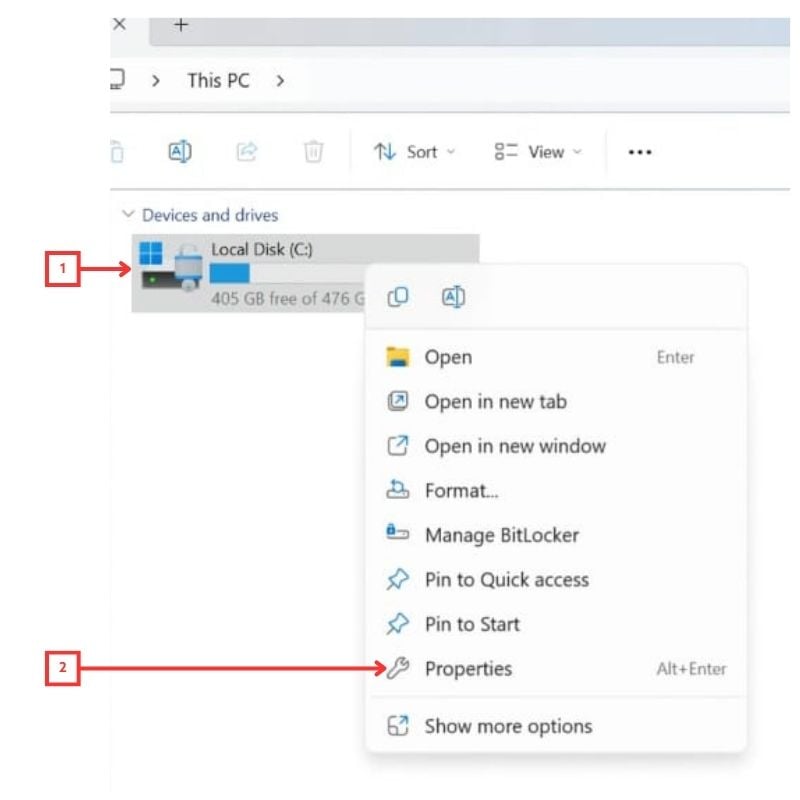 Right-clicking the C drive to open Disk Cleanup on Windows 10