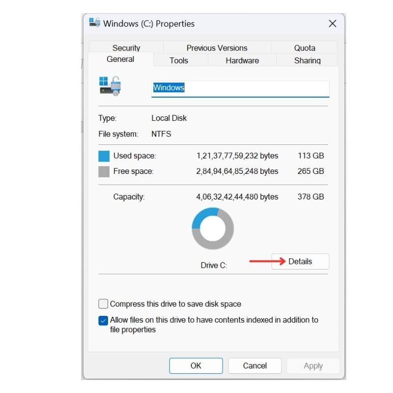 Clicking Details for Storage settings on Windows 11