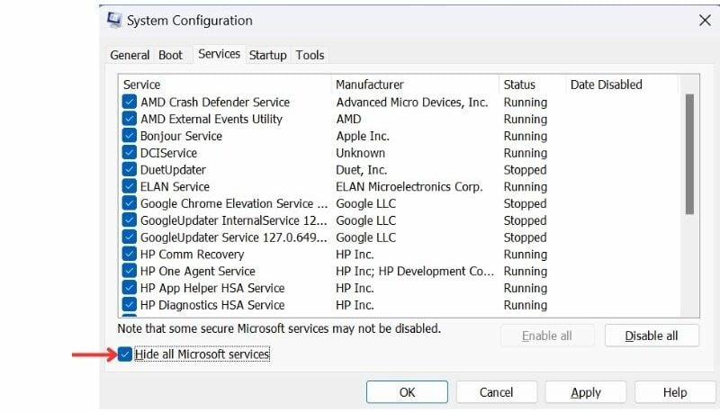 Hiding Microsoft services in msconfig to disable third-party startup services