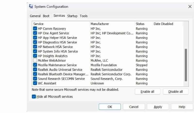 Unchecking third-party services in msconfig Services tab on Windows