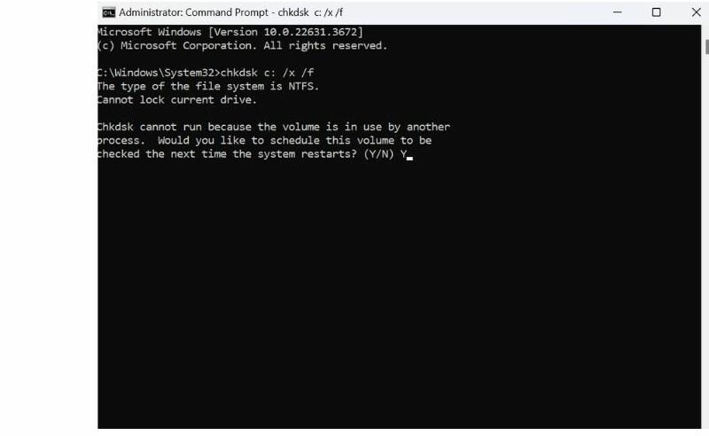 Confirming disk check schedule in Command Prompt on Windows