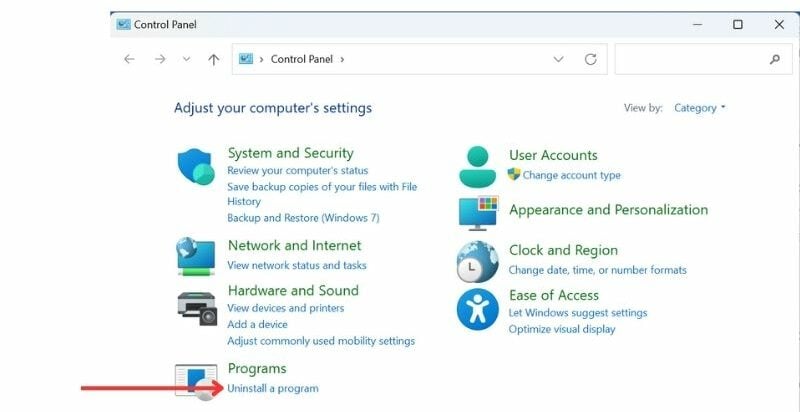 Navigating to Programs in Control Panel on Windows