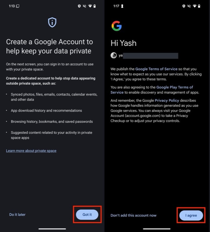Signing in to a Google account to use with Private Space.