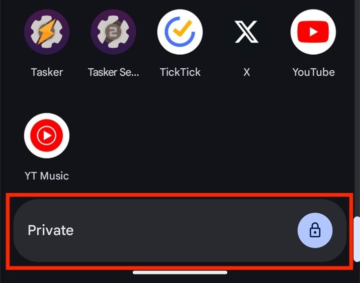 Accessing Private Space using the Private tab in app drawer on a Pixel phone.