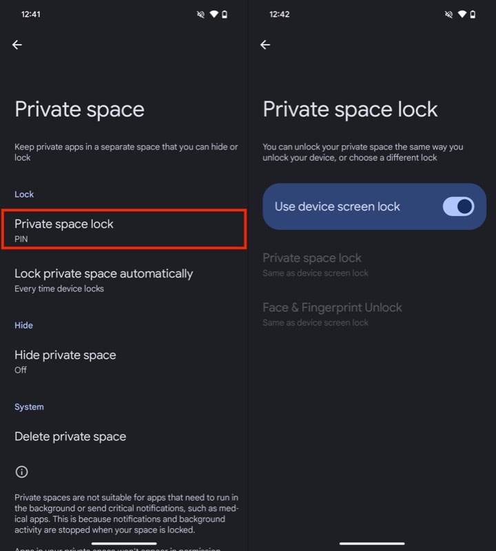 Changing Private Space lock on a Pixel phone.