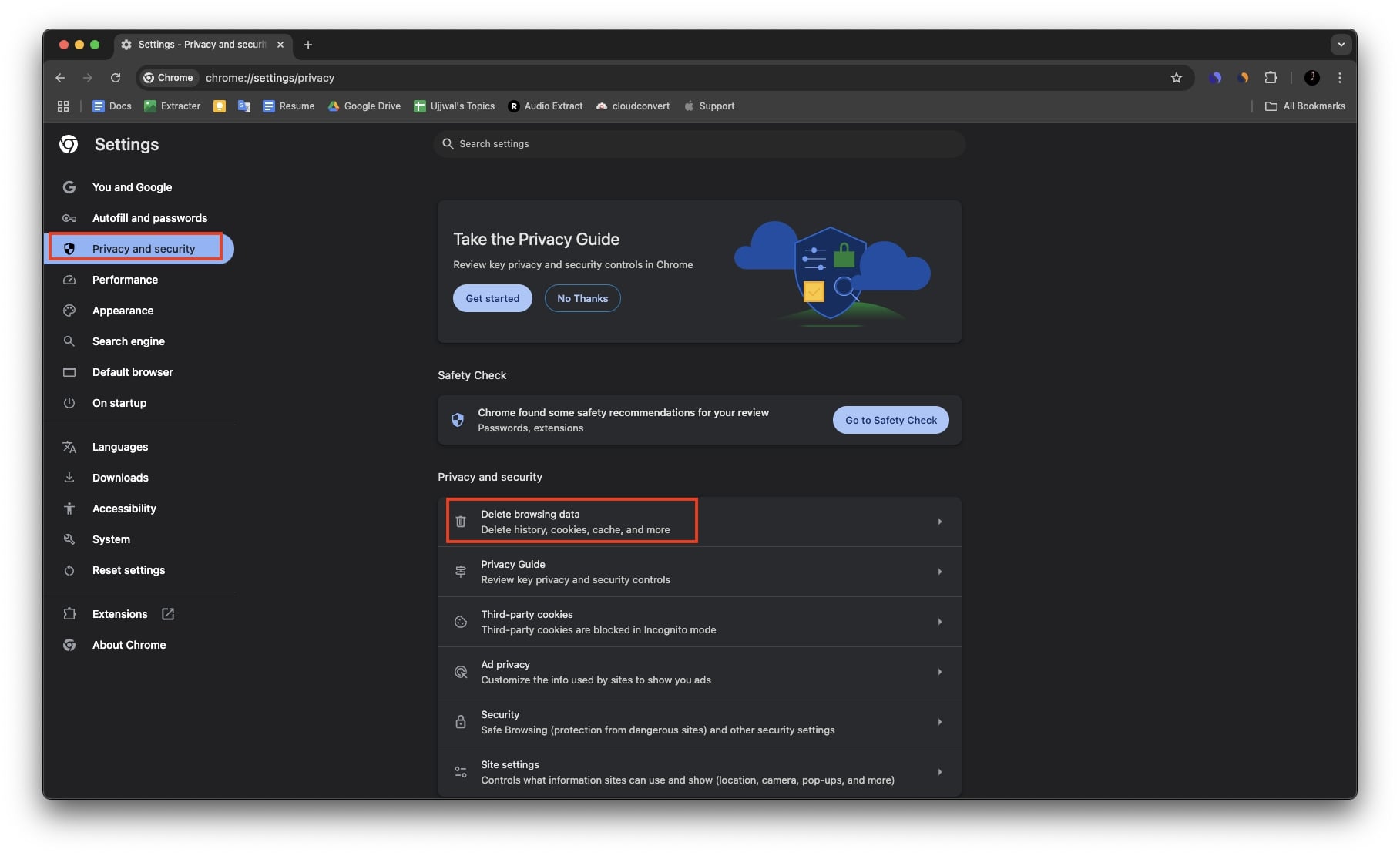 Delete browsing data