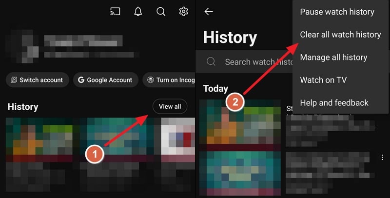Clear YouTube watch history on YouTube app