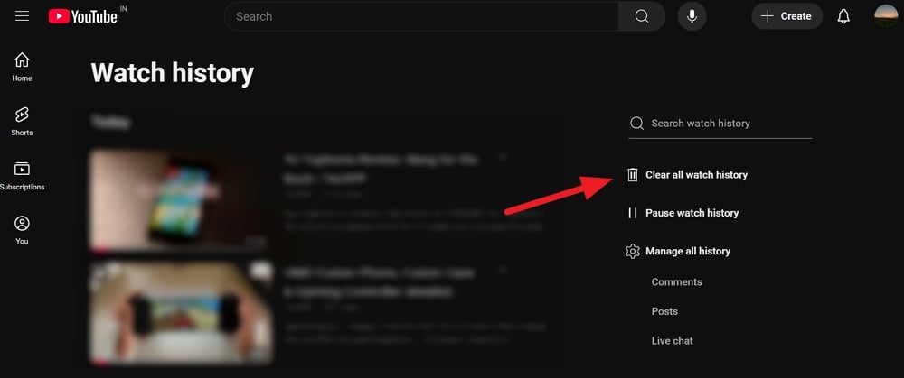 Clear watch history on YouTube