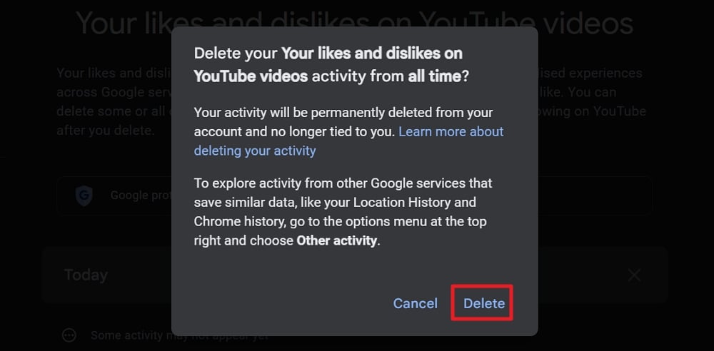 Confirm deleting all likes and dislikes on YouTube