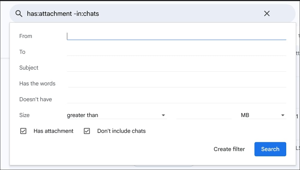 search options on Gmail