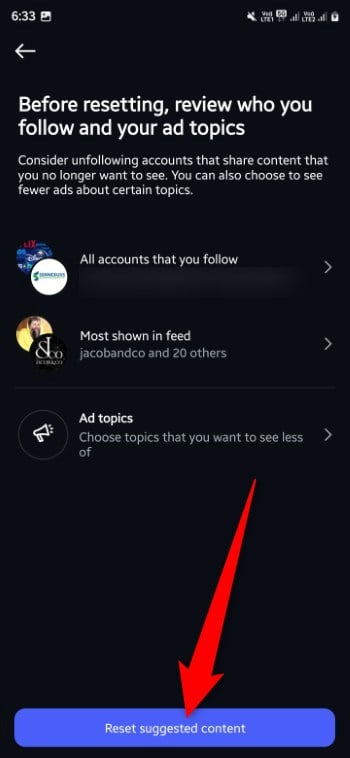 Unfollow accounts screen during Instagram feed reset