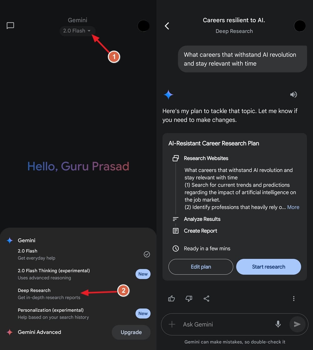 Gemini Deep Research on mobile