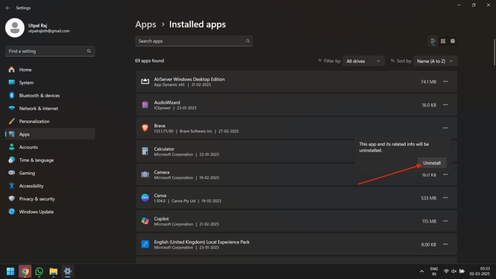 Uninstall confirm