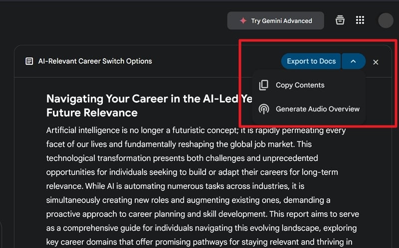 save to Google Docs or generate audio on Gemini Deep Research