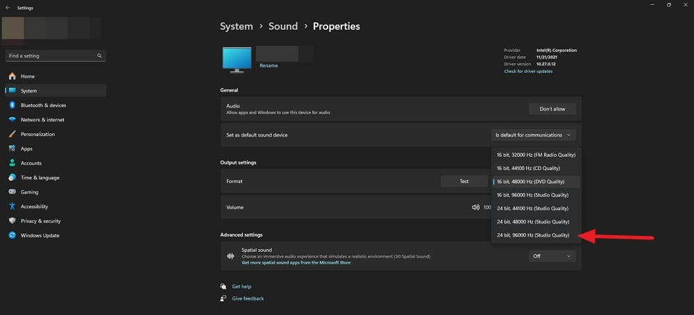 default audio quality on Windows 11
