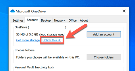 onedrive unlink this pc