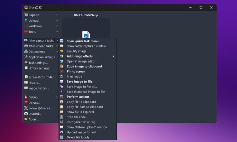 ShareX post-capture automation options.
