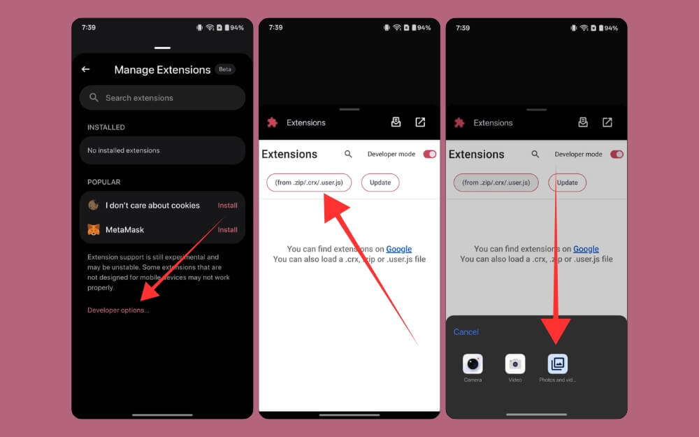 Browser extensions developer options
