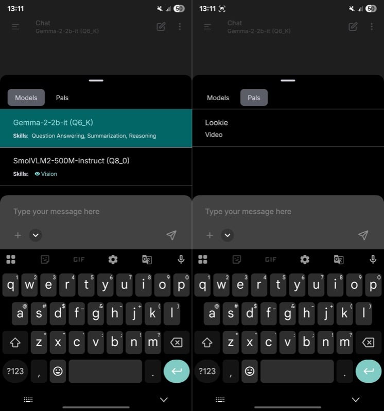 Accessing the Lookie pal for Gemma model in PocketPal AI.