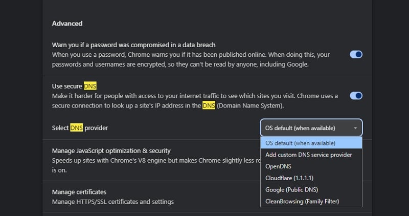 Change DNS on Chrome