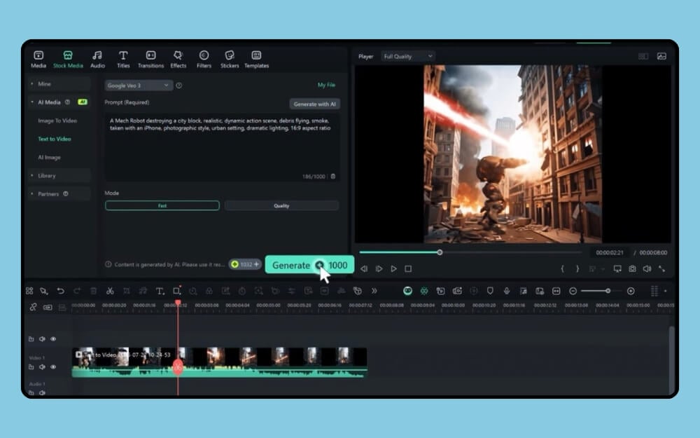 Add Google Gemini Veo 3 Generated clip to your timeline Add Google Gemini Veo 3 Generated clip to your timeline