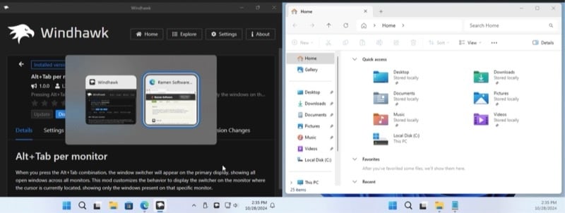 best windhawk mods 1 1 Alt+Tab window switcher on Windows 11 showing open apps per monitor.