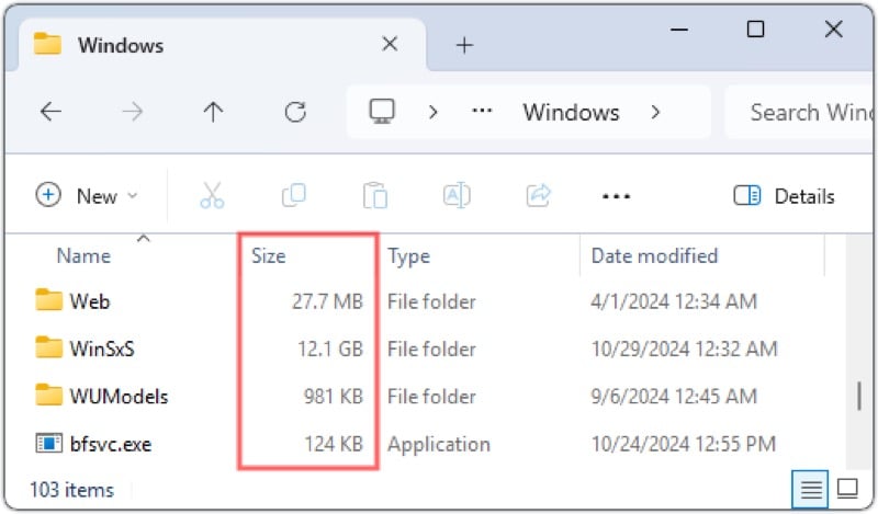 best windhawk mods 3 File Explorer showing folder sizes on a Windows 11 computer.