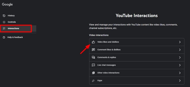 YouTube interactions page