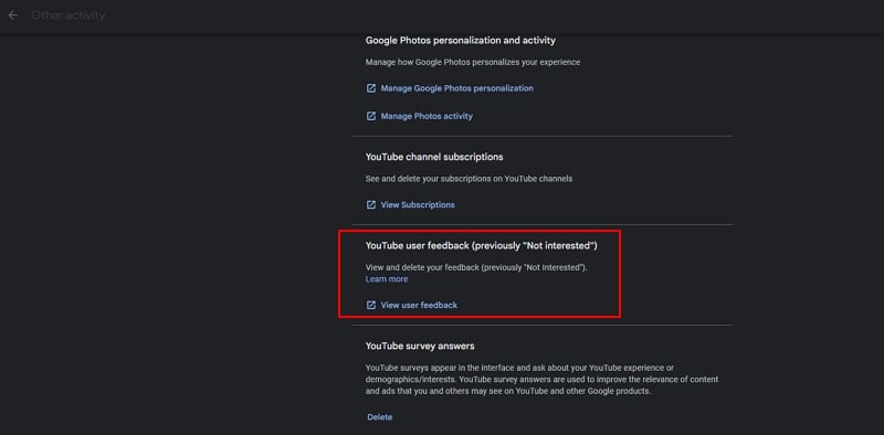 YouTube user feedback section in Google Activity