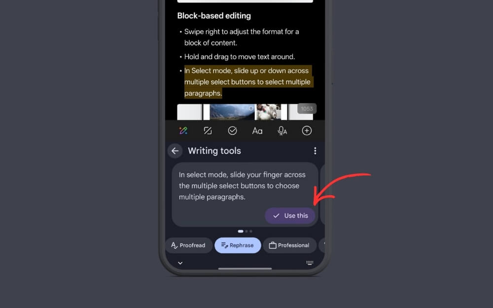 rephrase and rewrite text without leaving the app open apps or actions without unlocking